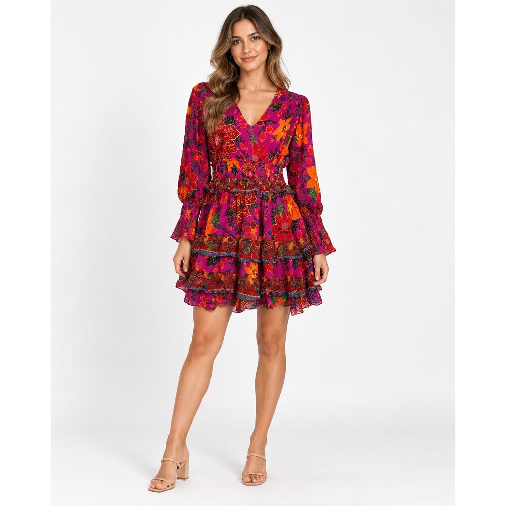 FARM Rio Floral Ruffle Mini Dress Small Pink Boho Long Sleeve V-Neck